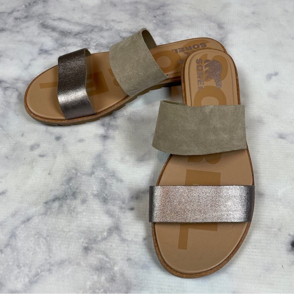 Sorel Ella II Suede Metallic Double Strap Slide Sandals NWOB Sz 8